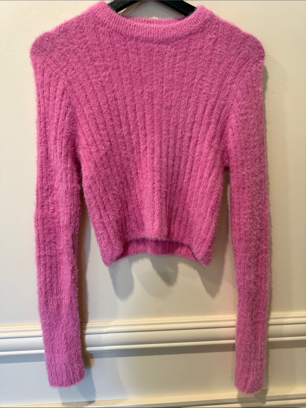 Hippie Rose Pink Fuzzy Shaggy Sweater Back to School Cozy Girly Cropped Size M